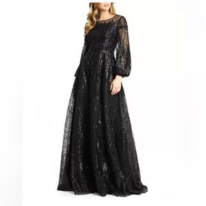 Mac Duggal Black Jewel Encrusted Illusion Long Sleeve A Line Gown size 4 NWT NIB